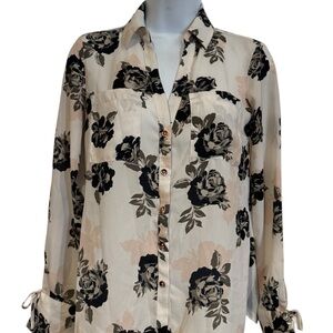 Candie's Floral Button-Down Shirt - Cream and Black
